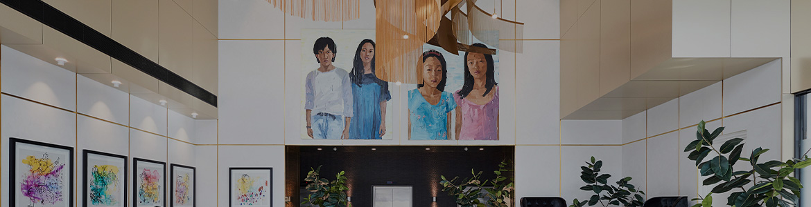 hotel lobby with artwork on the walls
